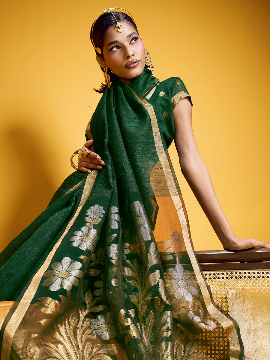 Bottle Green Munga Silk Printed Zari Festival Wedding Party Fancy Reception Heavy Border Saree