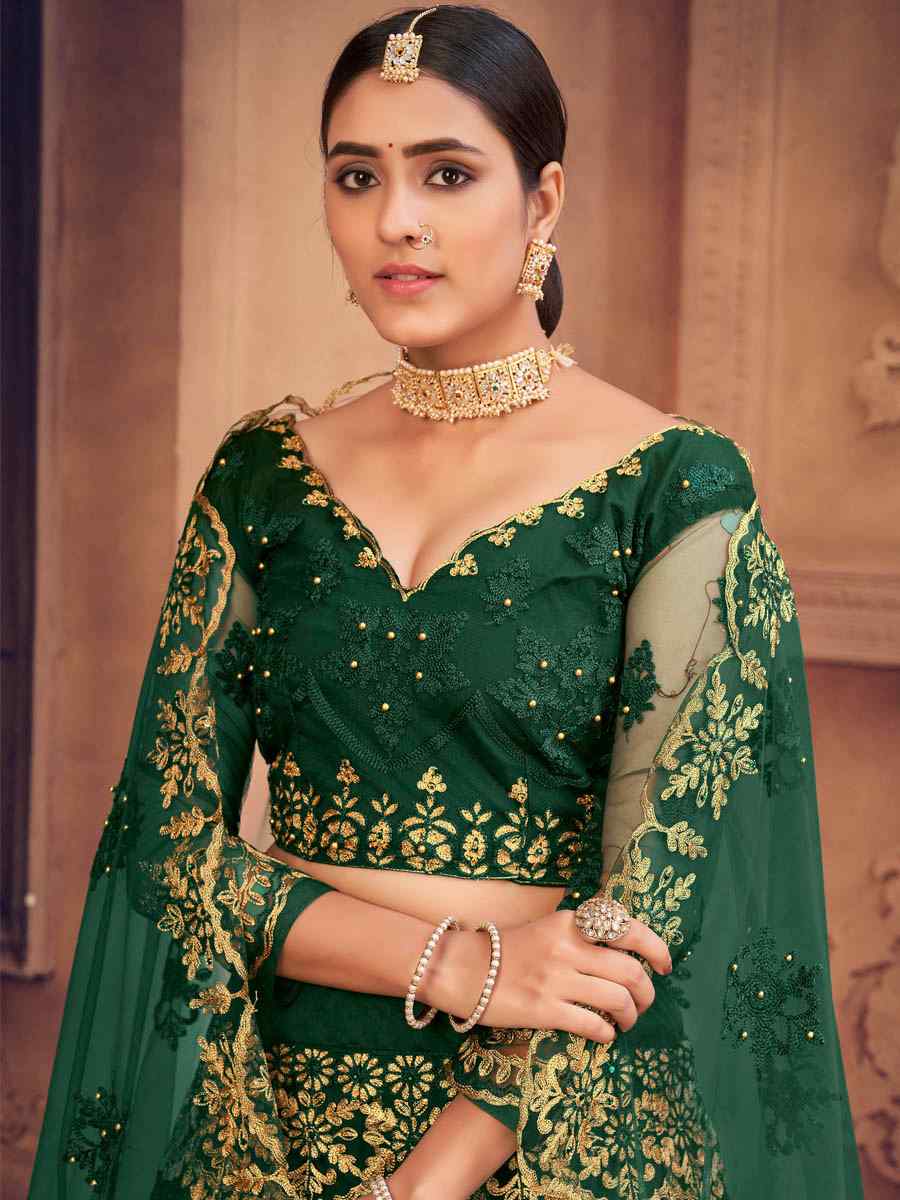 Bottle Green Net Embroidered Festival Party Wear Circular Lehenga Choli