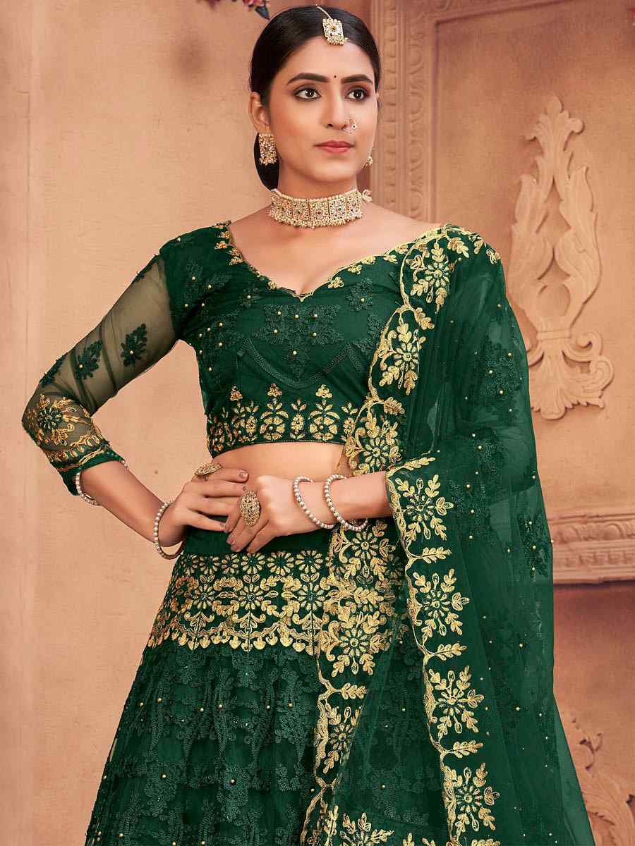 Bottle Green Net Embroidered Festival Party Wear Circular Lehenga Choli