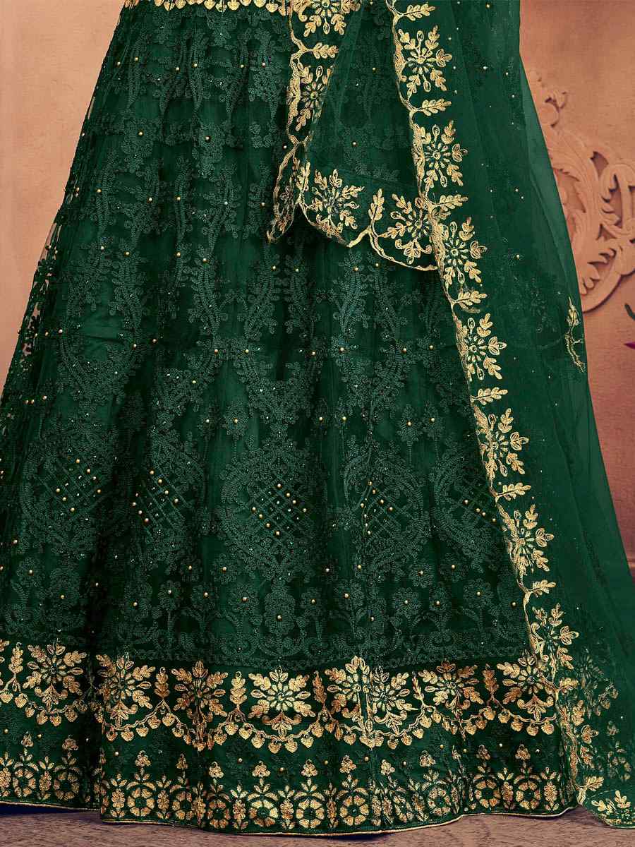 Bottle Green Net Embroidered Festival Party Wear Circular Lehenga Choli