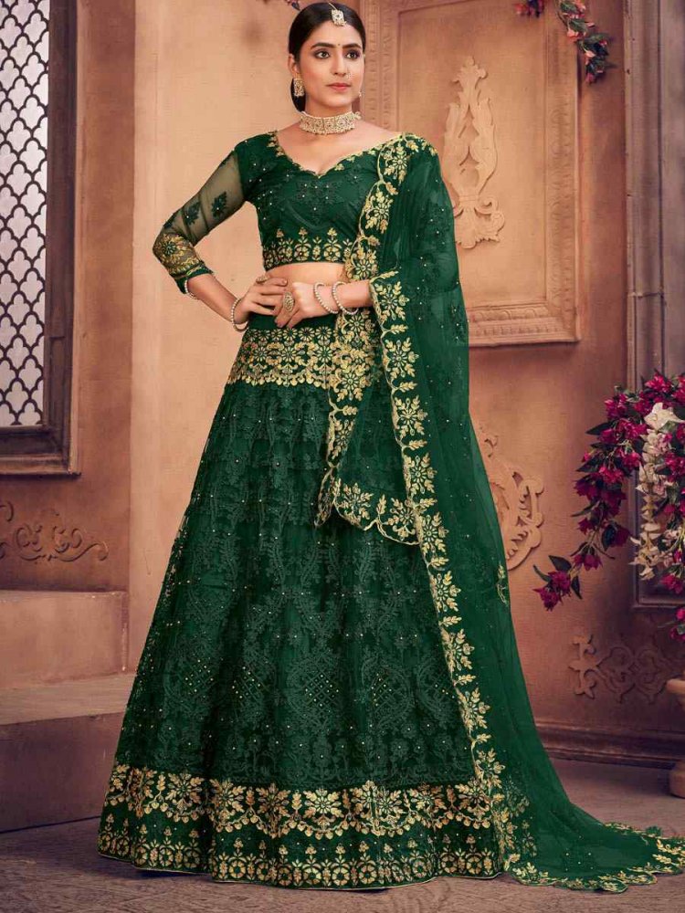 Bottle Green Net Embroidered Festival Party Wear Circular Lehenga Choli