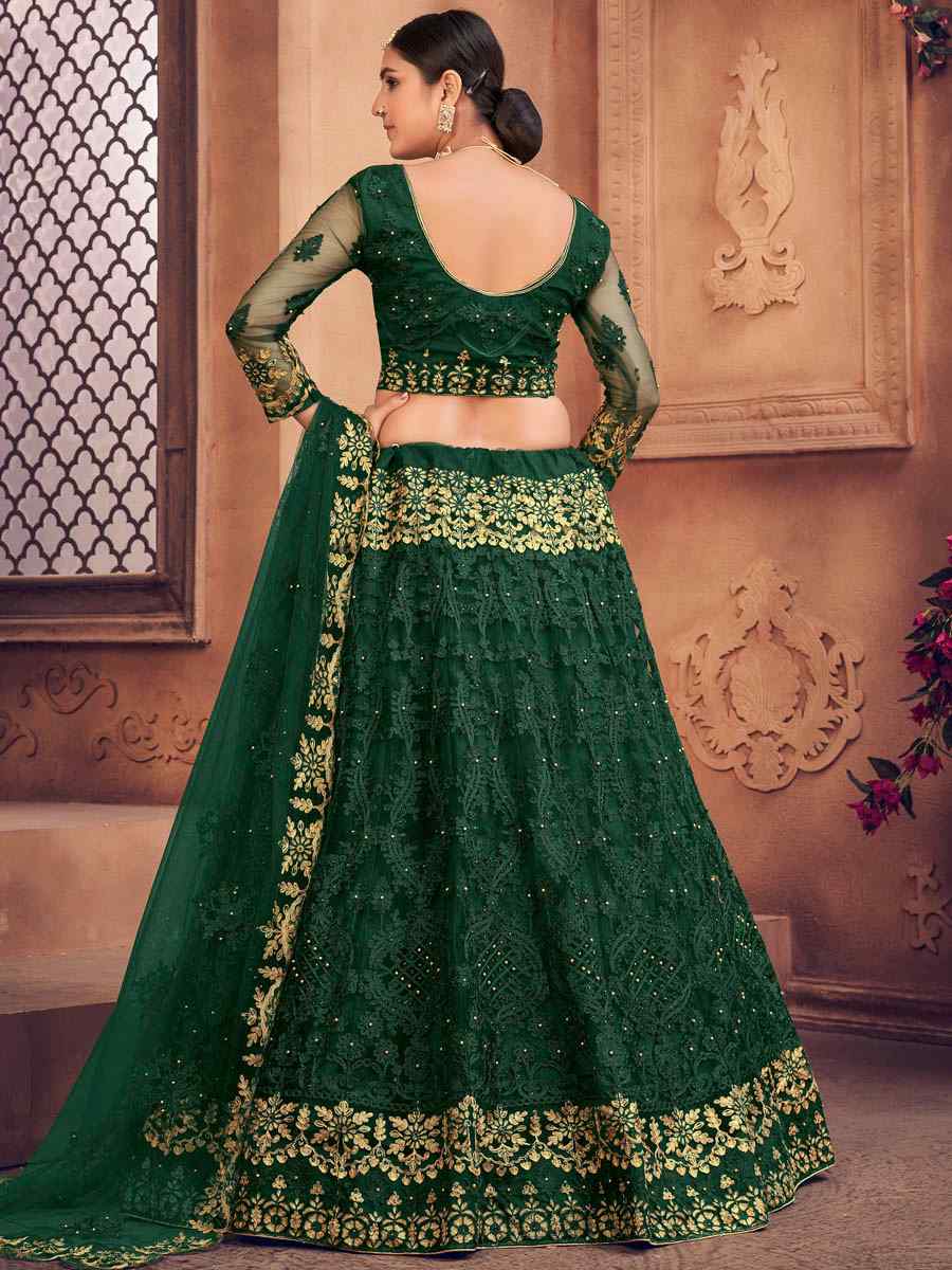 Bottle Green Net Embroidered Festival Party Wear Circular Lehenga Choli