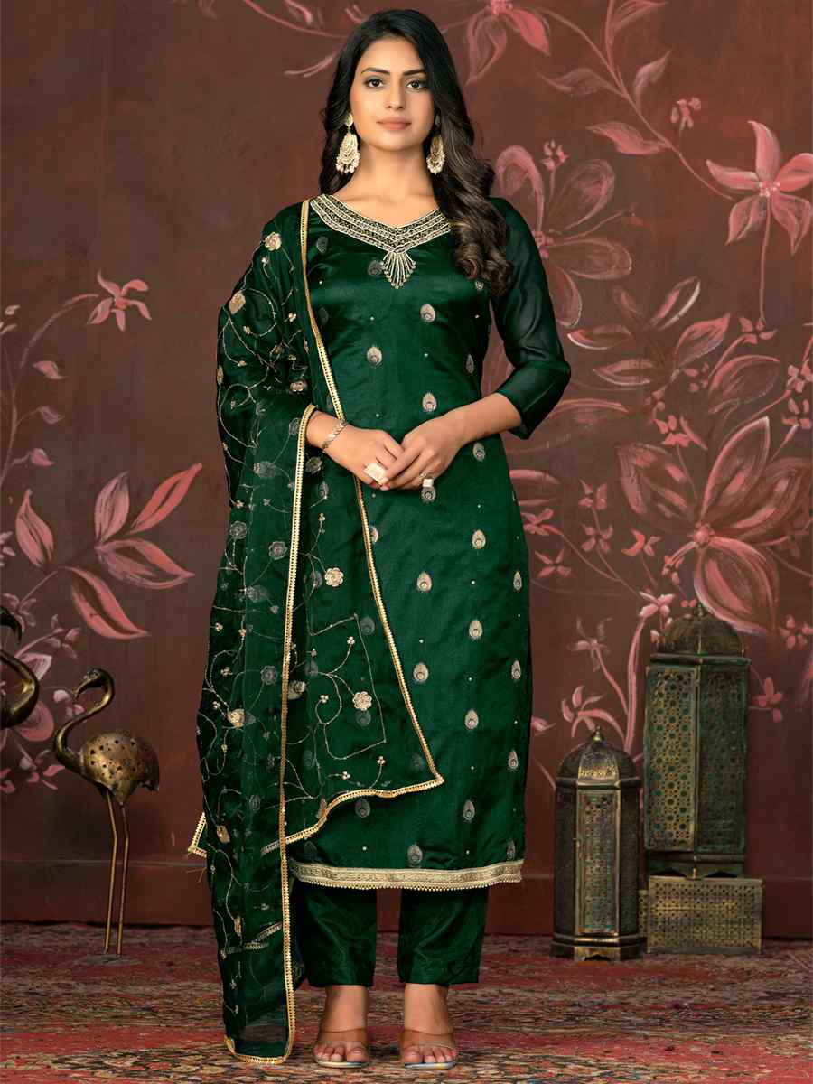 Bottle Green Organza Jacquard Embroidered Casual Festival Pant Salwar Kameez