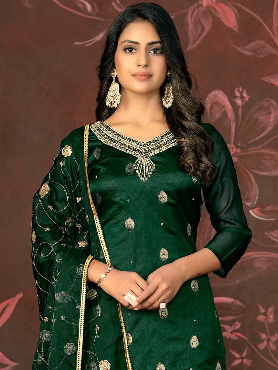 Bottle Green Organza Jacquard Embroidered Casual Festival Pant Salwar Kameez