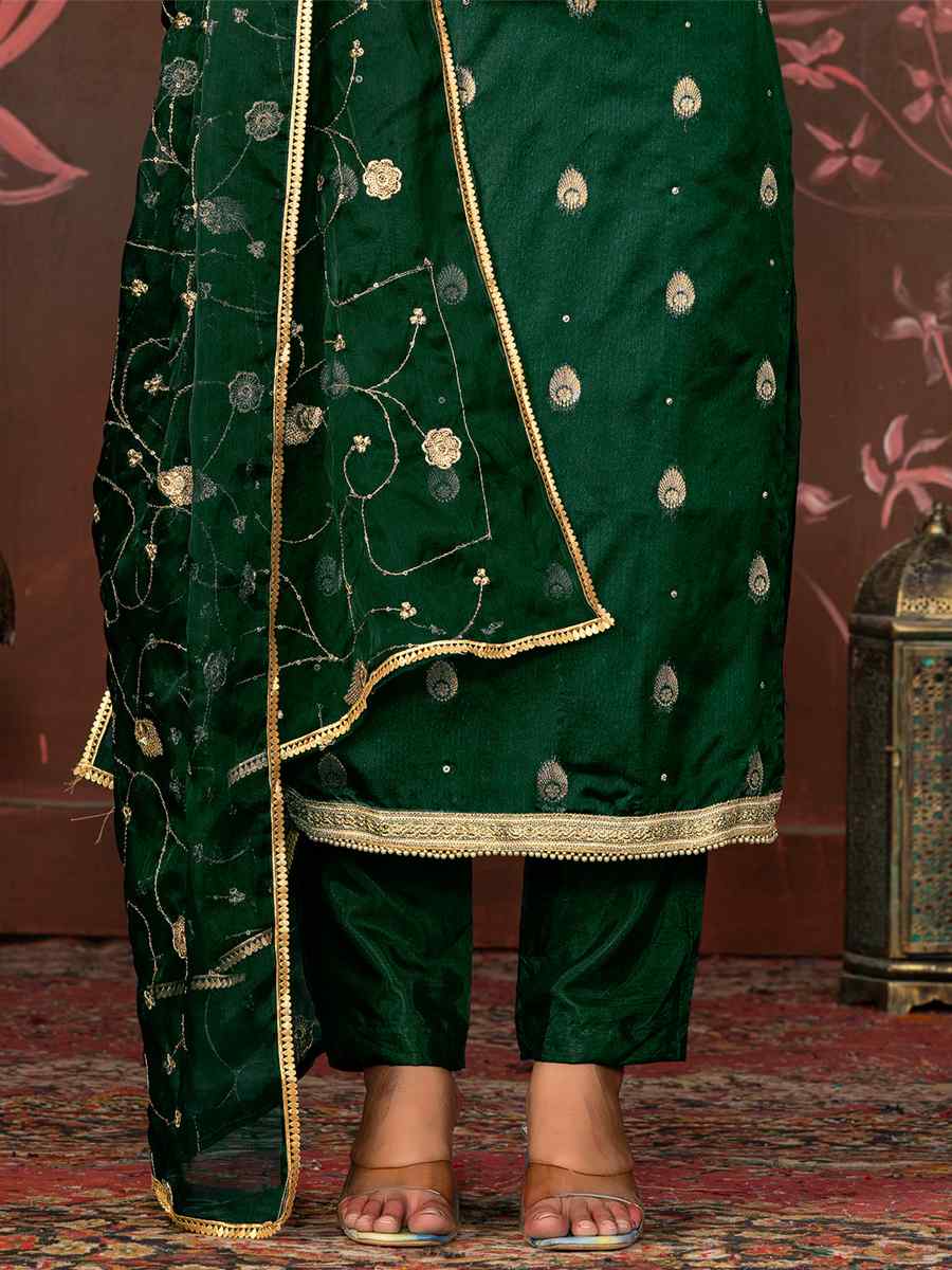 Bottle Green Organza Jacquard Embroidered Casual Festival Pant Salwar Kameez