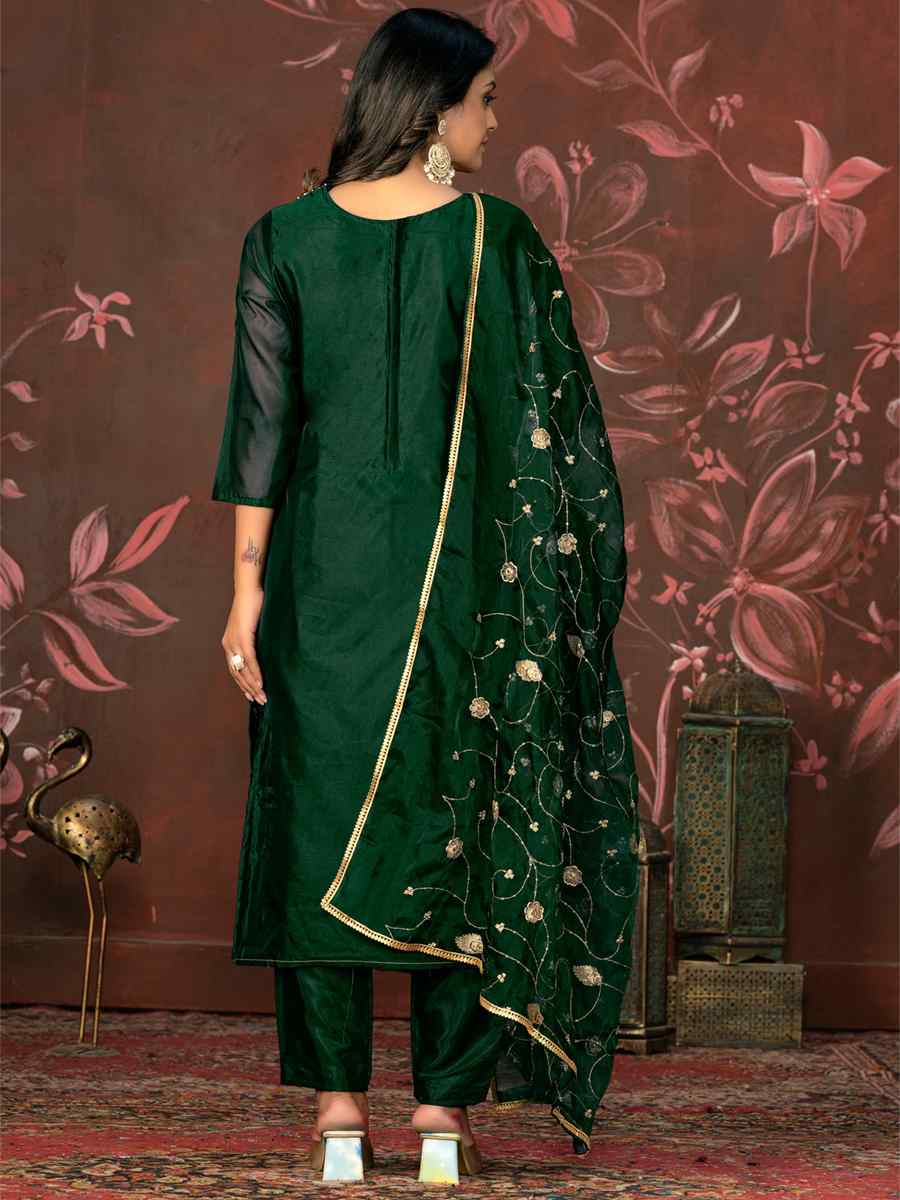 Bottle Green Organza Jacquard Embroidered Casual Festival Pant Salwar Kameez