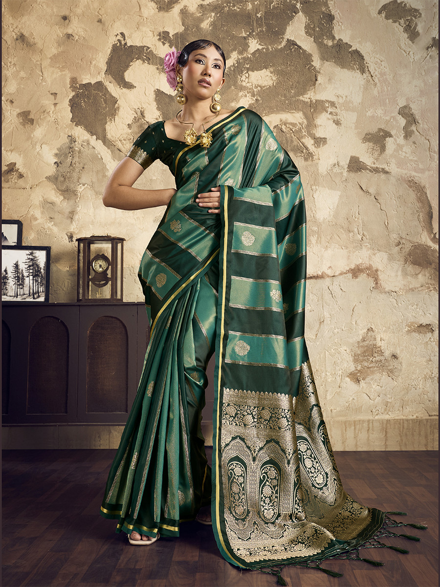 Bottle Green Pure Satin Handwoven Wedding Reception Party Festival Casual Heavy Border Sarees