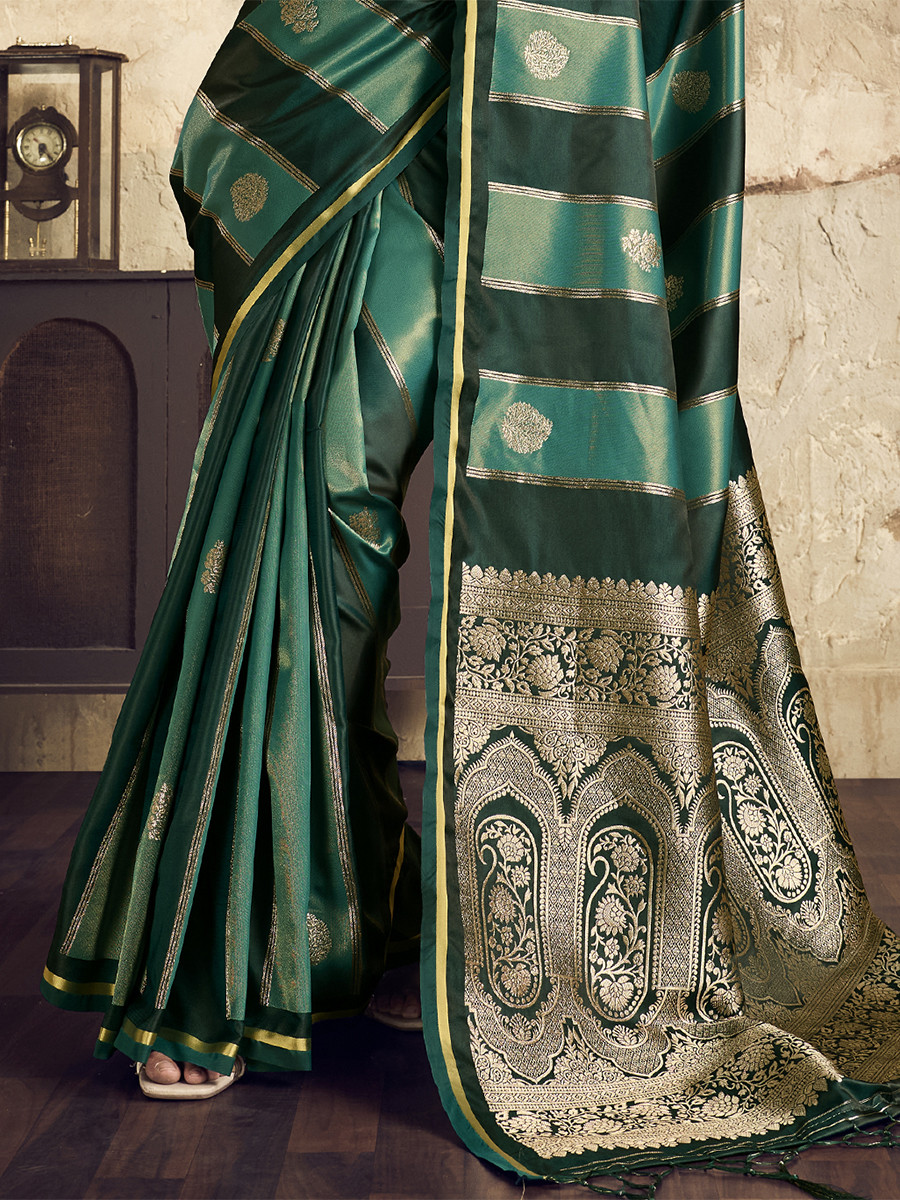 Bottle Green Pure Satin Handwoven Wedding Reception Party Festival Casual Heavy Border Sarees