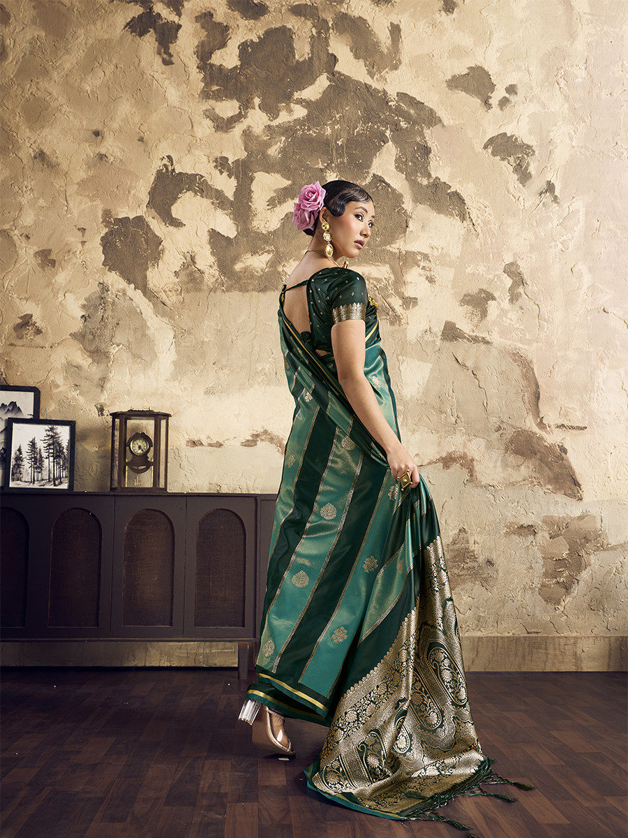 Bottle Green Pure Satin Handwoven Wedding Reception Party Festival Casual Heavy Border Sarees