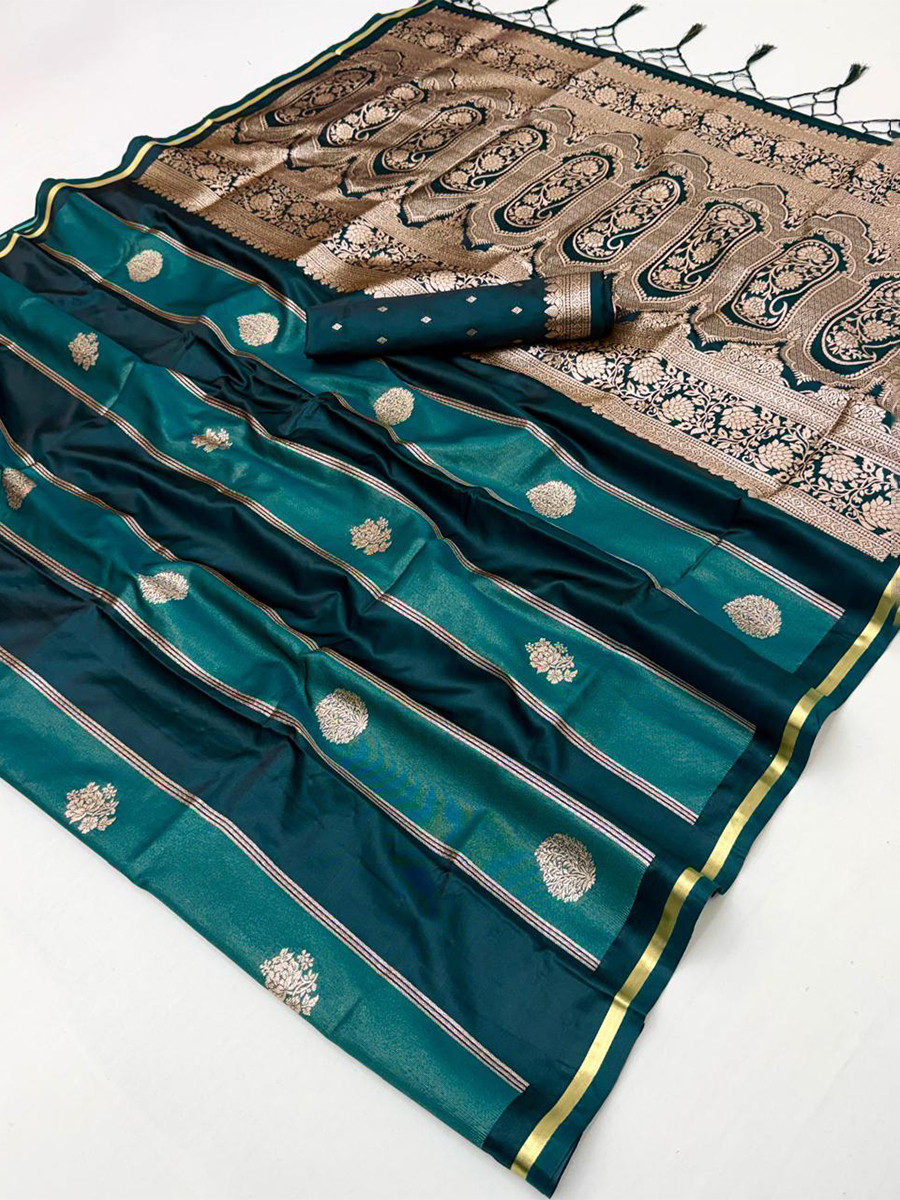 Bottle Green Pure Satin Handwoven Wedding Reception Party Festival Casual Heavy Border Sarees