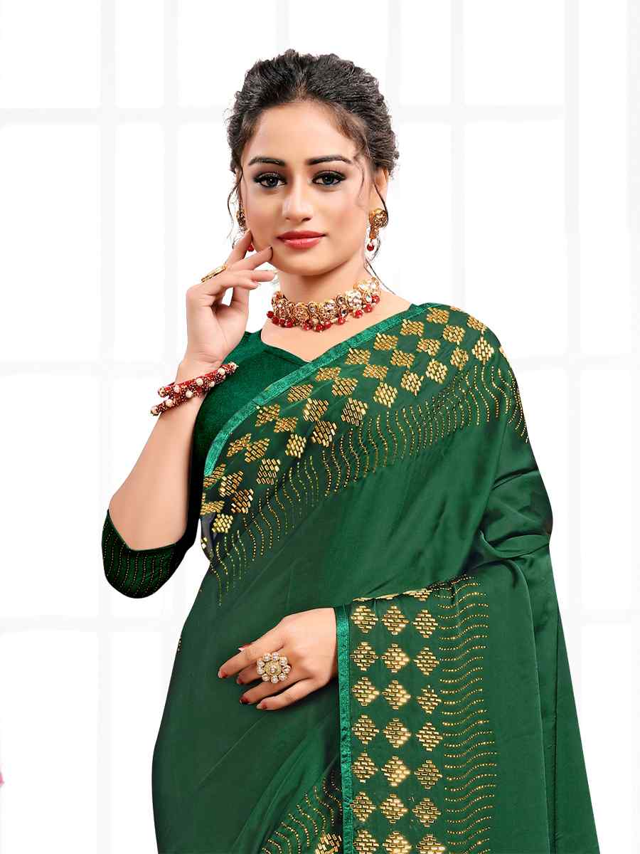 Bottle Green Pure Satin Traditional Party Festival Classic Style Saree