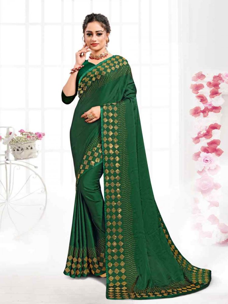 Bottle Green Pure Satin Traditional Party Festival Classic Style Saree