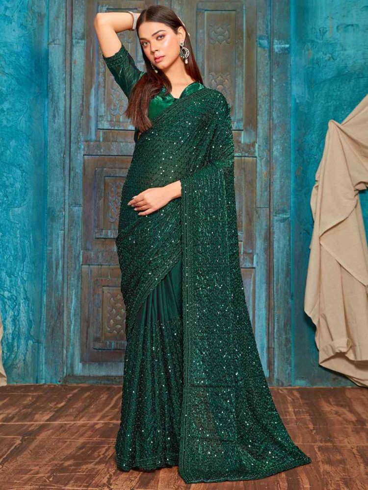 Bottle Green Pure Silk Embroidered Party Reception Heavy Border Saree