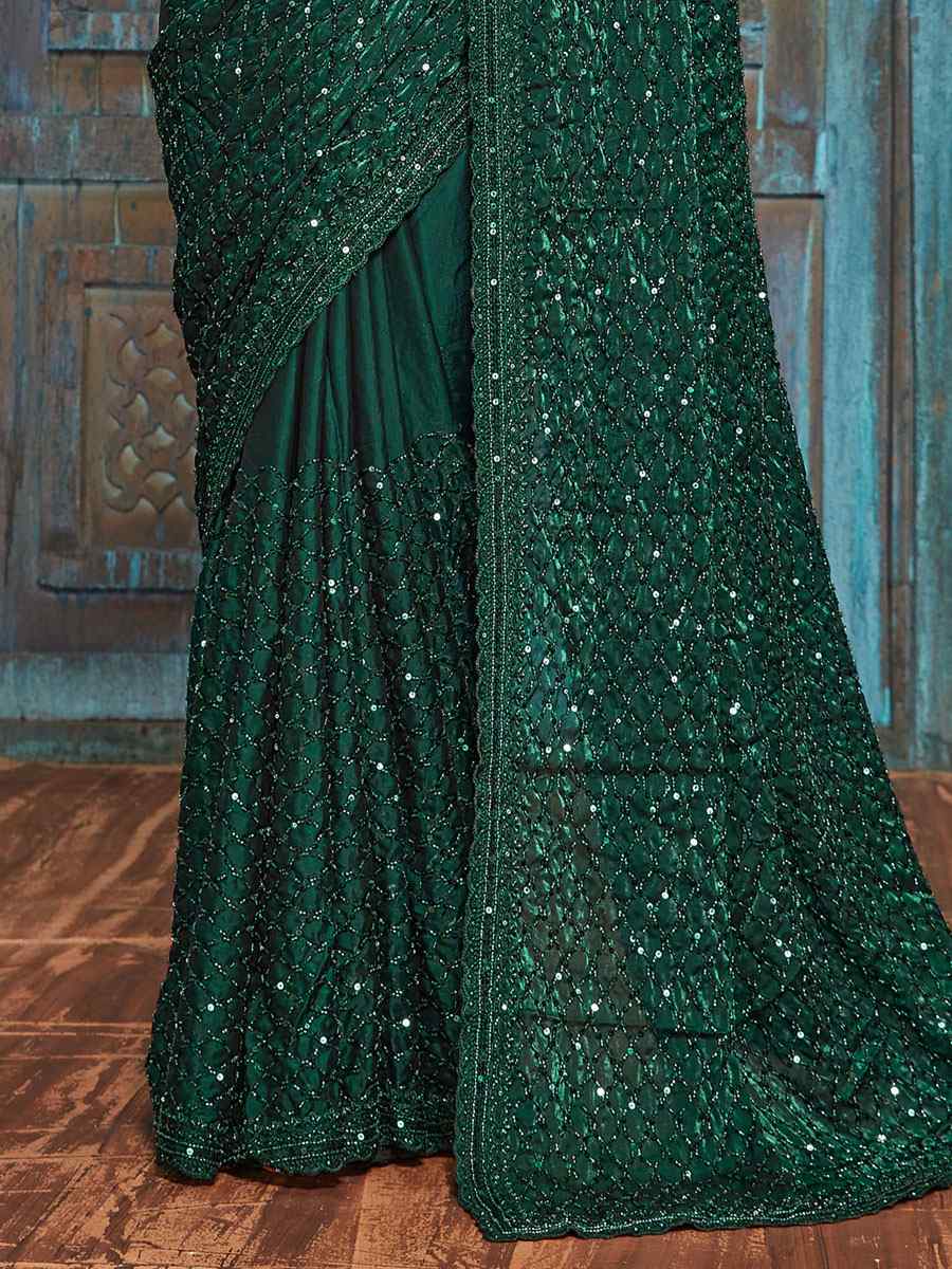 Bottle Green Pure Silk Embroidered Party Reception Heavy Border Saree