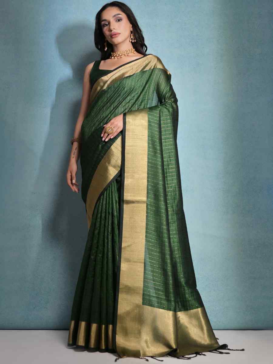 Bottle Green Raw Silk Handwoven Casual Festival Classic Style Saree