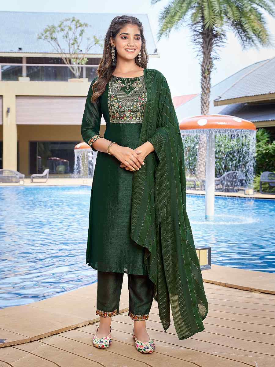 Bottle Green Silk Blend Embroidered Party Wedding Ready Pant Salwar Kameez