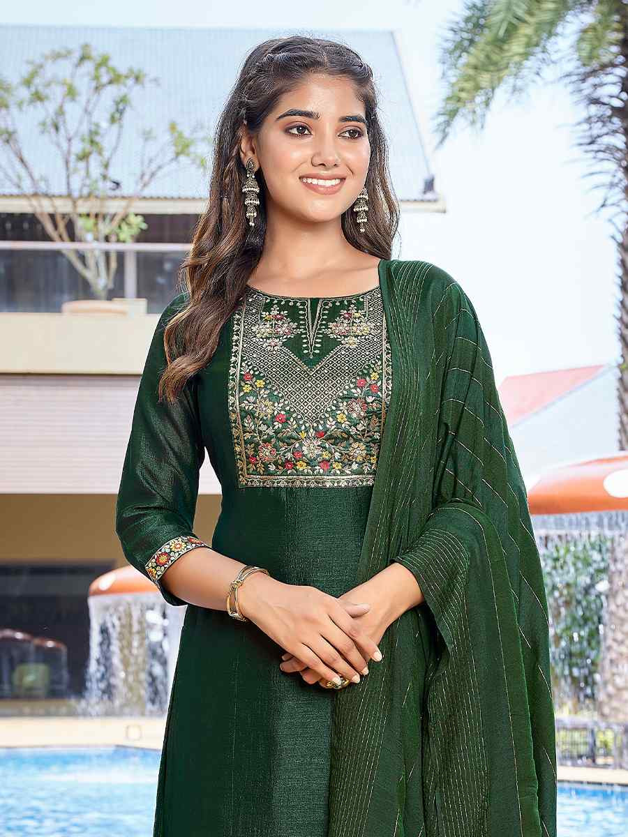 Bottle Green Silk Blend Embroidered Party Wedding Ready Pant Salwar Kameez