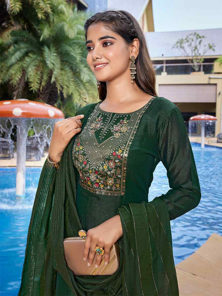 Bottle Green Silk Blend Embroidered Party Wedding Ready Pant Salwar Kameez