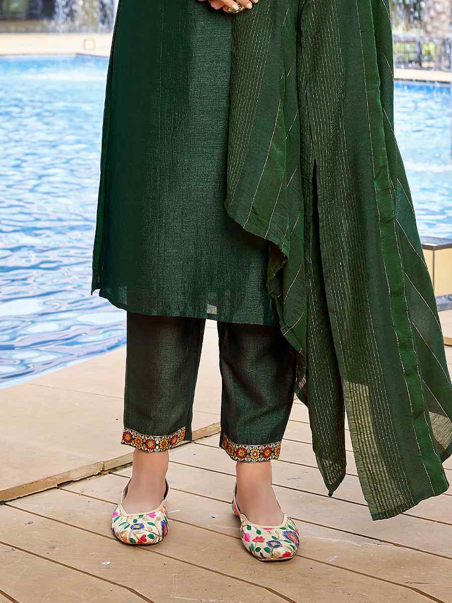 Bottle Green Silk Blend Embroidered Party Wedding Ready Pant Salwar Kameez