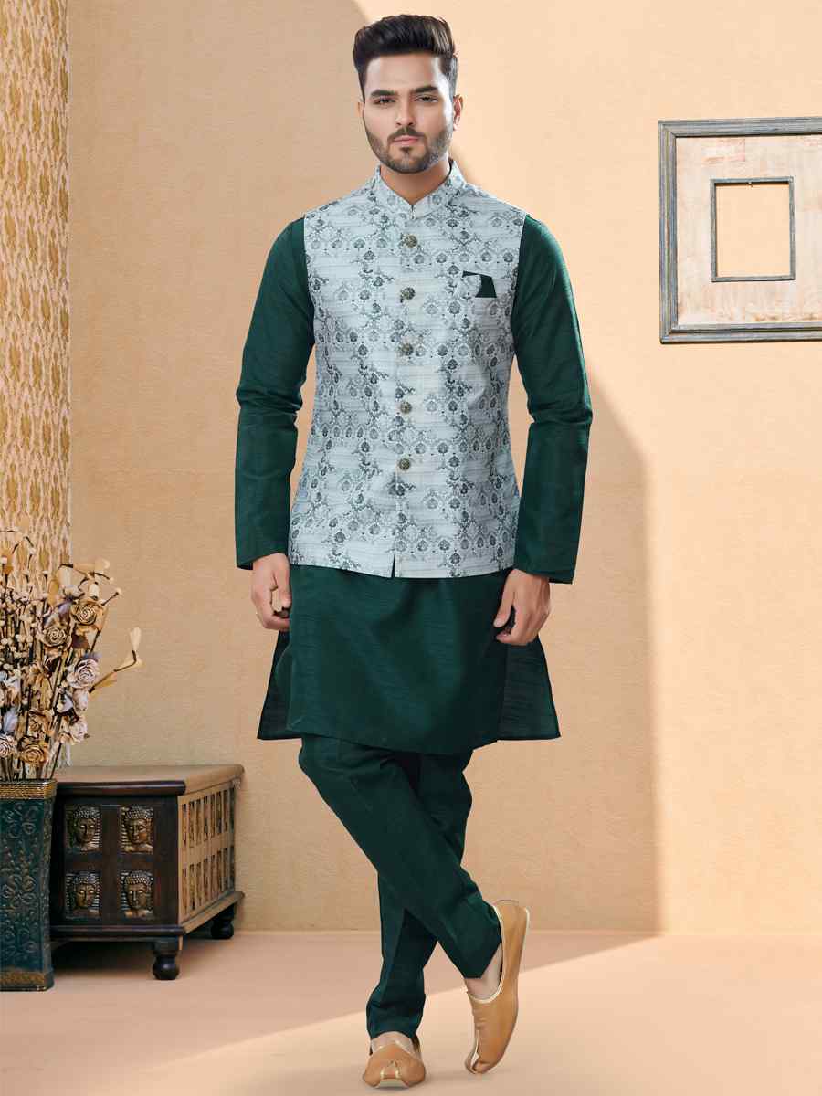 Bottle Green Silk Dupion Printed Festival Party Kurta
