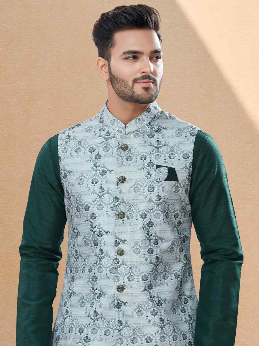 Bottle Green Silk Dupion Printed Festival Party Kurta