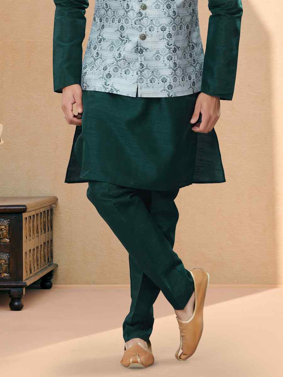 Bottle Green Silk Dupion Printed Festival Party Kurta