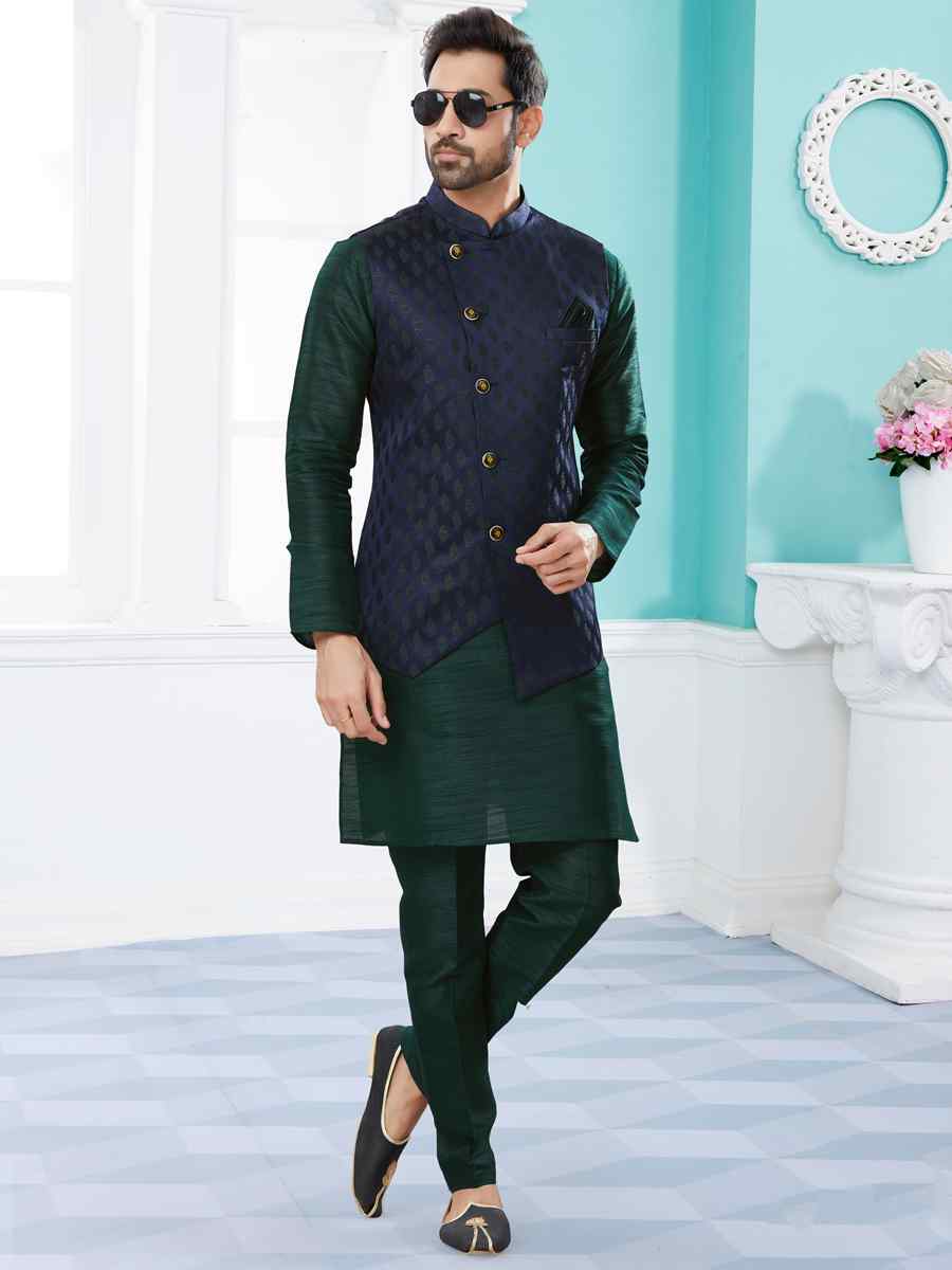 Bottle Green Silk Dupion Woven Festival Party Kurta