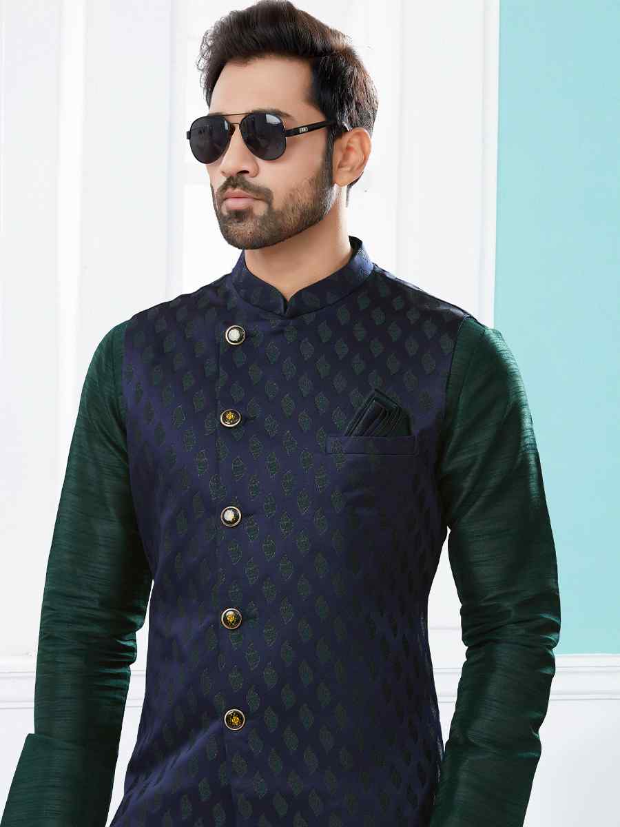 Bottle Green Silk Dupion Woven Festival Party Kurta