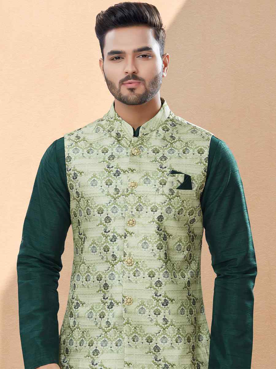 Bottle Green Silk Dupion Woven Festival Party Kurta