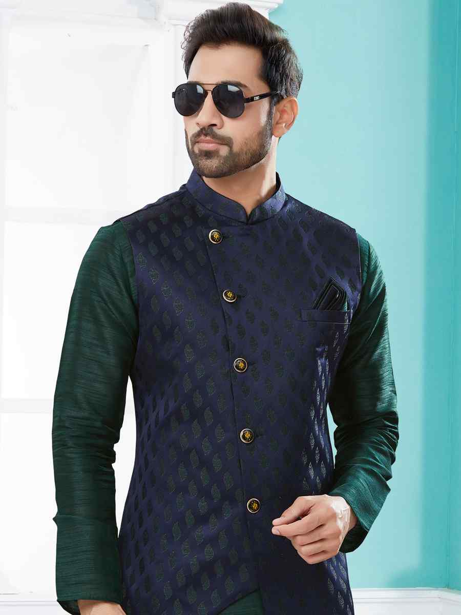 Bottle Green Silk Dupion Woven Festival Party Kurta