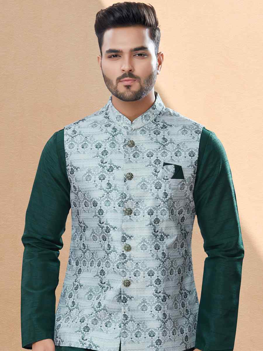 Bottle Green Silk Dupion Woven Festival Party Kurta