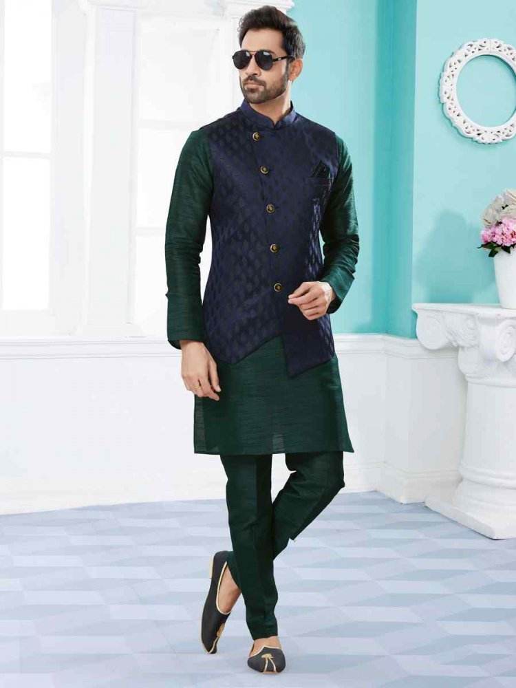 Bottle Green Silk Dupion Woven Festival Party Kurta