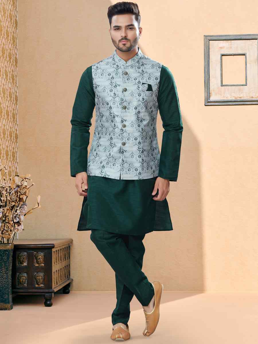 Bottle Green Silk Dupion Woven Festival Party Kurta