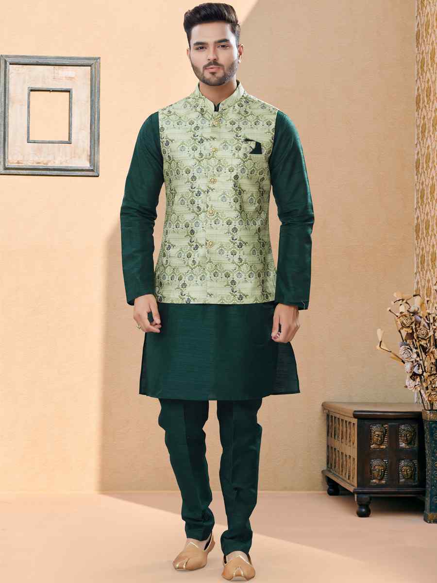 Bottle Green Silk Dupion Woven Festival Party Kurta