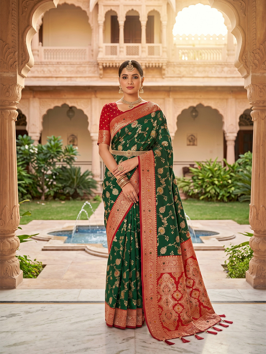 Bottle Green Soft Banarasi Silk Zari Weaving Meenakari Touchup Wedding Reception Party Festival Casual Heavy Border Sarees
