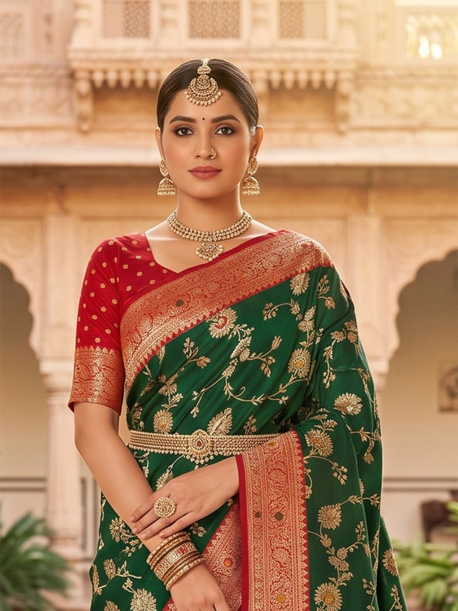 Bottle Green Soft Banarasi Silk Zari Weaving Meenakari Touchup Wedding Reception Party Festival Casual Heavy Border Sarees