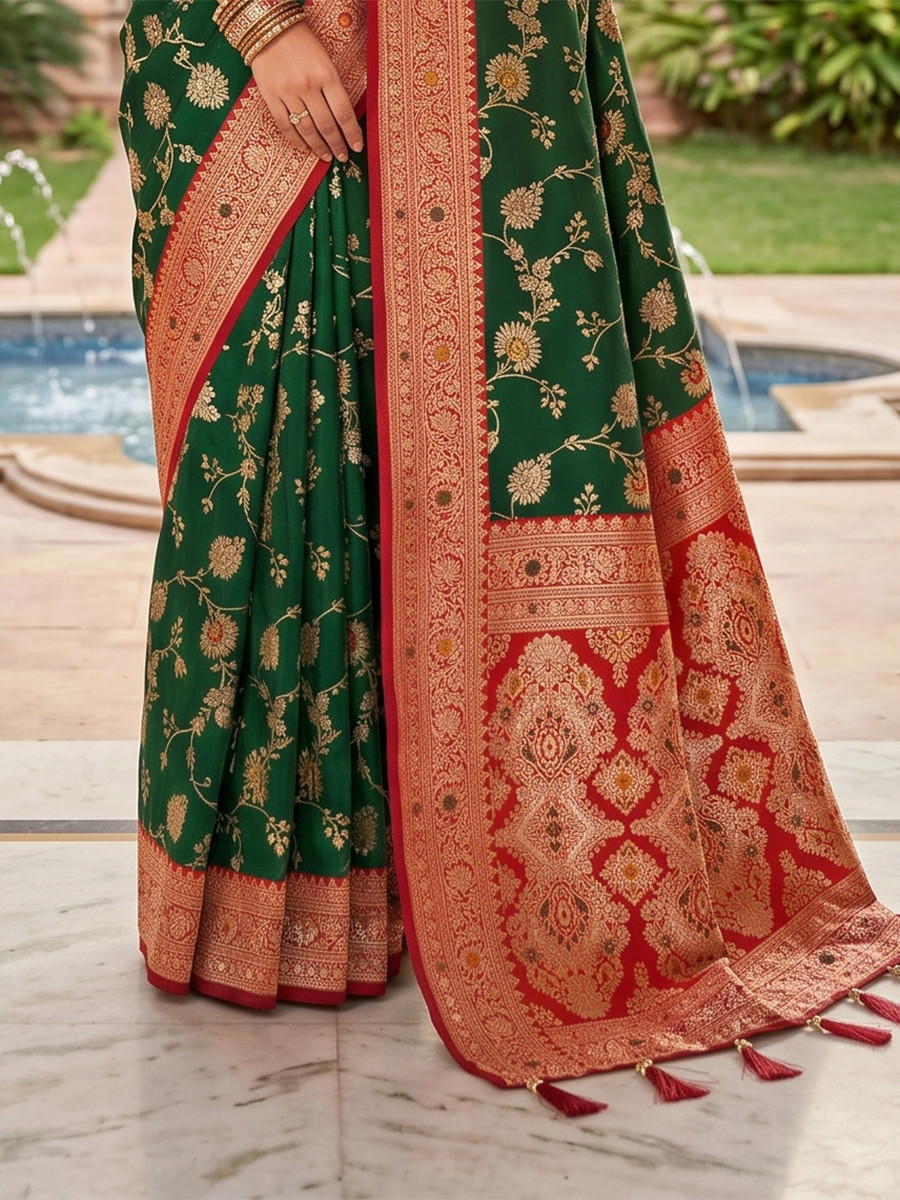 Bottle Green Soft Banarasi Silk Zari Weaving Meenakari Touchup Wedding Reception Party Festival Casual Heavy Border Sarees