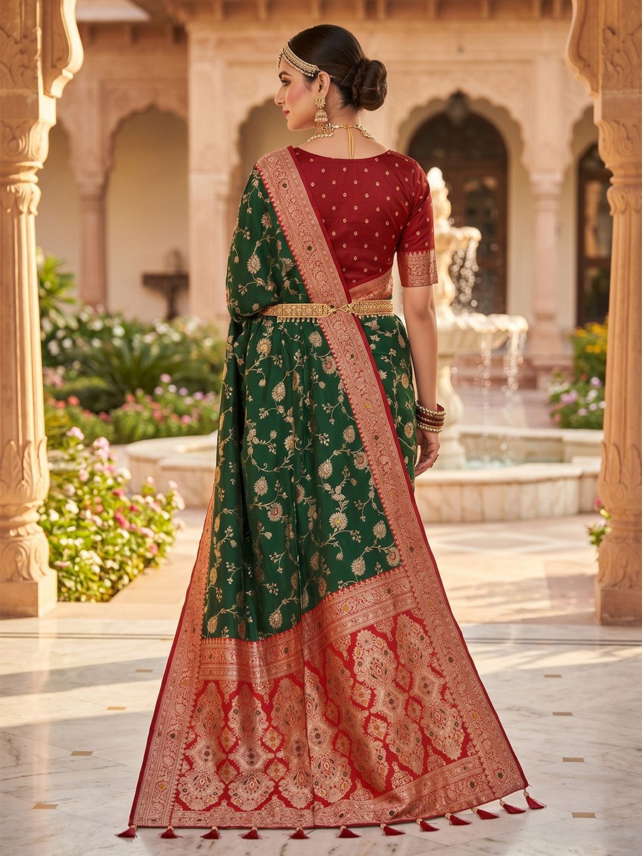 Bottle Green Soft Banarasi Silk Zari Weaving Meenakari Touchup Wedding Reception Party Festival Casual Heavy Border Sarees