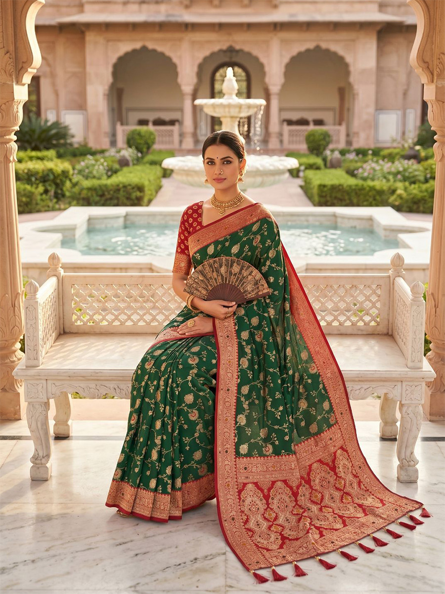 Bottle Green Soft Banarasi Silk Zari Weaving Meenakari Touchup Wedding Reception Party Festival Casual Heavy Border Sarees