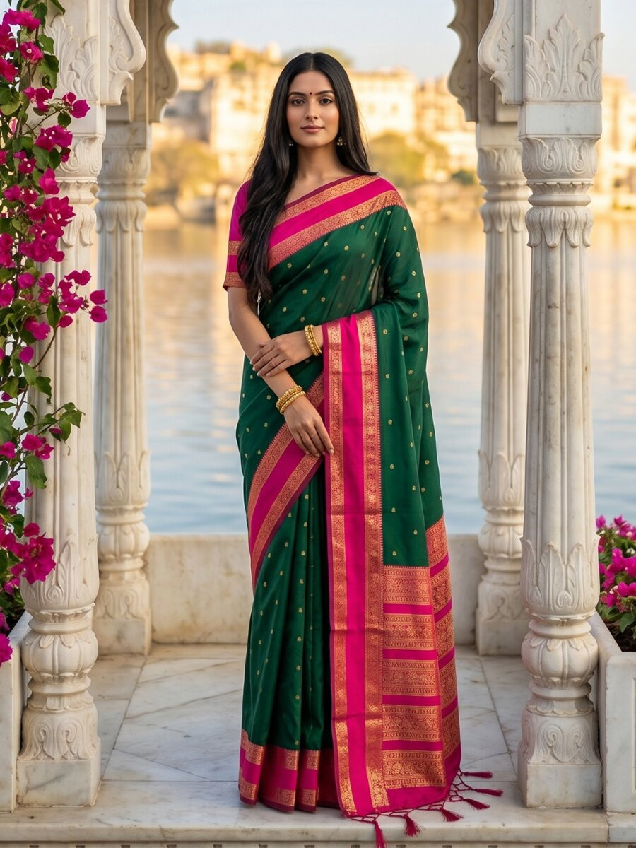 Bottle Green Soft Silk Zari Weaving Wedding Reception Party Festival Casual Heavy Border Sarees