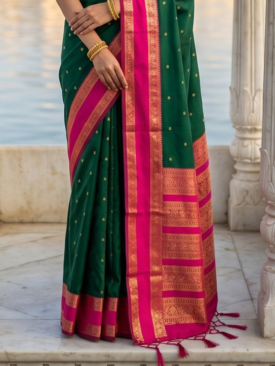 Bottle Green Soft Silk Zari Weaving Wedding Reception Party Festival Casual Heavy Border Sarees