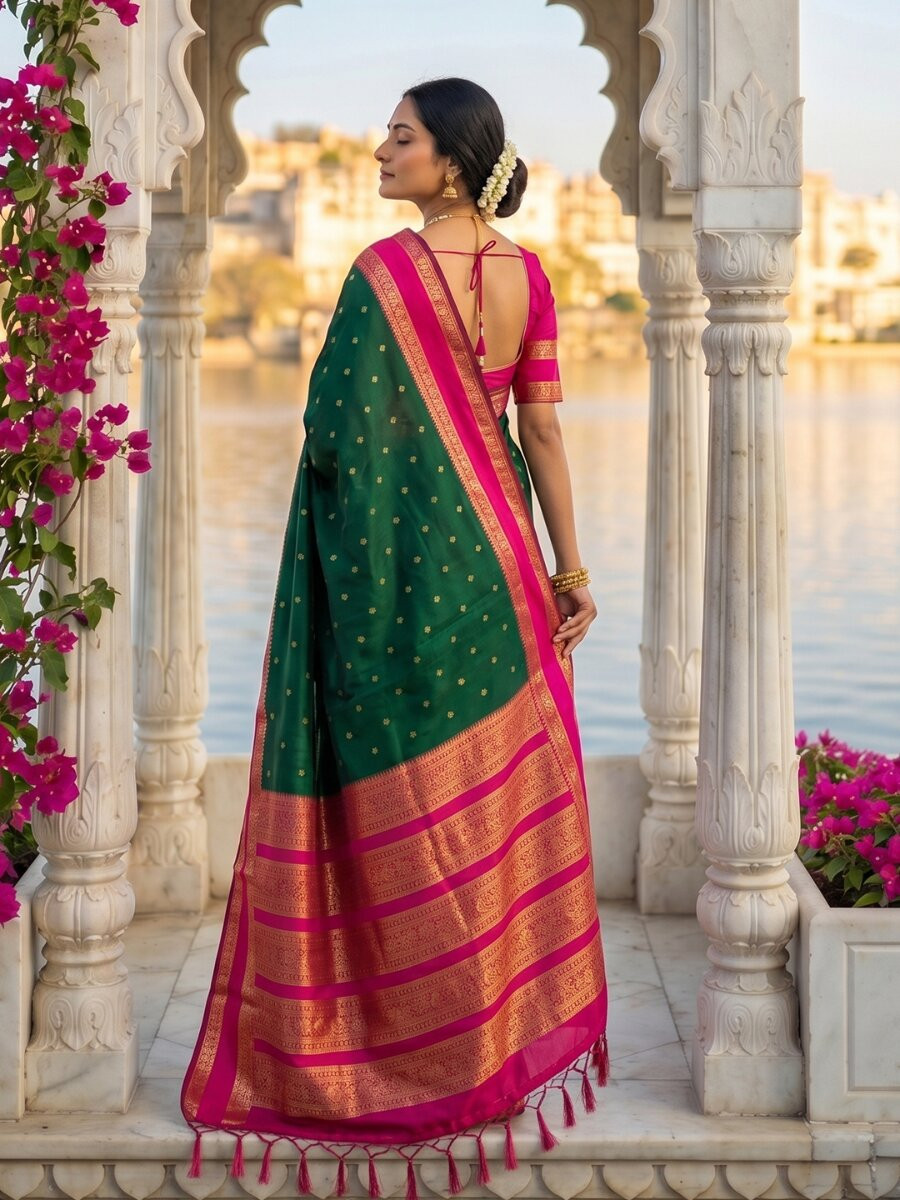Bottle Green Soft Silk Zari Weaving Wedding Reception Party Festival Casual Heavy Border Sarees