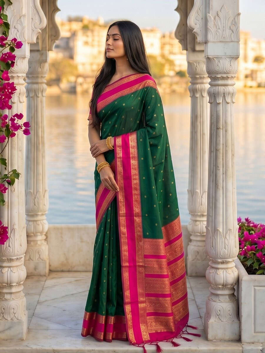 Bottle Green Soft Silk Zari Weaving Wedding Reception Party Festival Casual Heavy Border Sarees