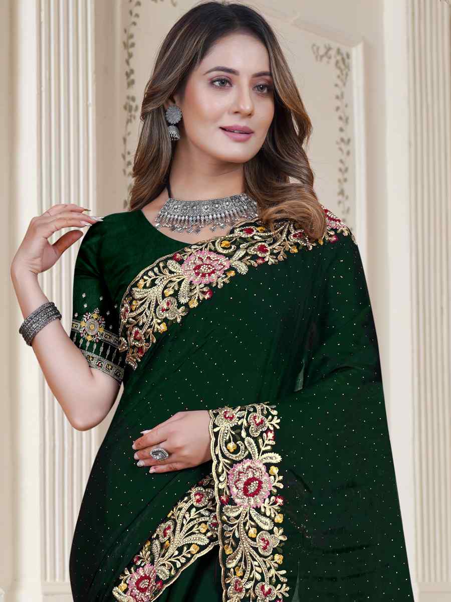 Bottle Green Tom Satin Silk Embroidered Wedding Festival Heavy Border Saree