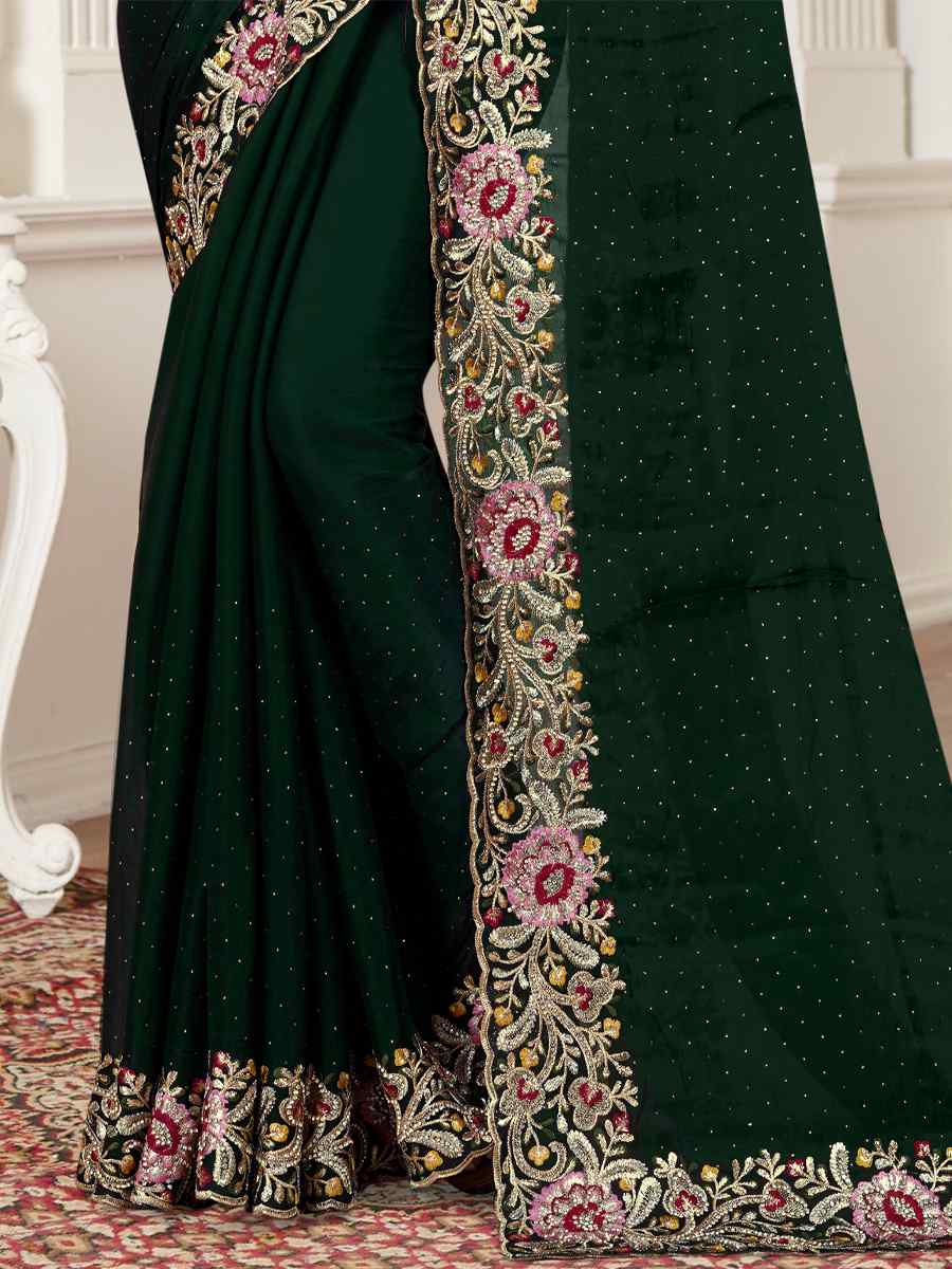 Bottle Green Tom Satin Silk Embroidered Wedding Festival Heavy Border Saree