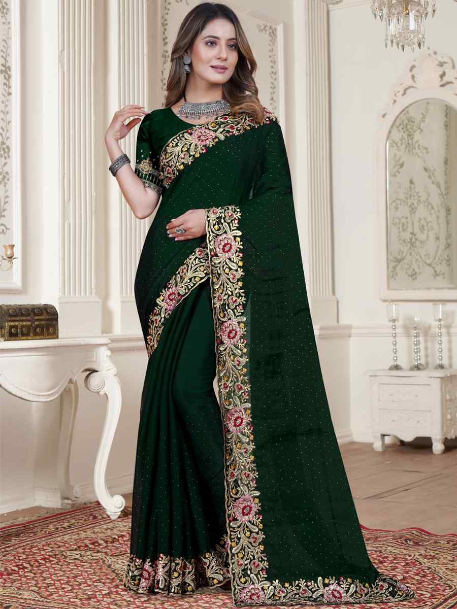 Bottle Green Tom Satin Silk Embroidered Wedding Festival Heavy Border Saree