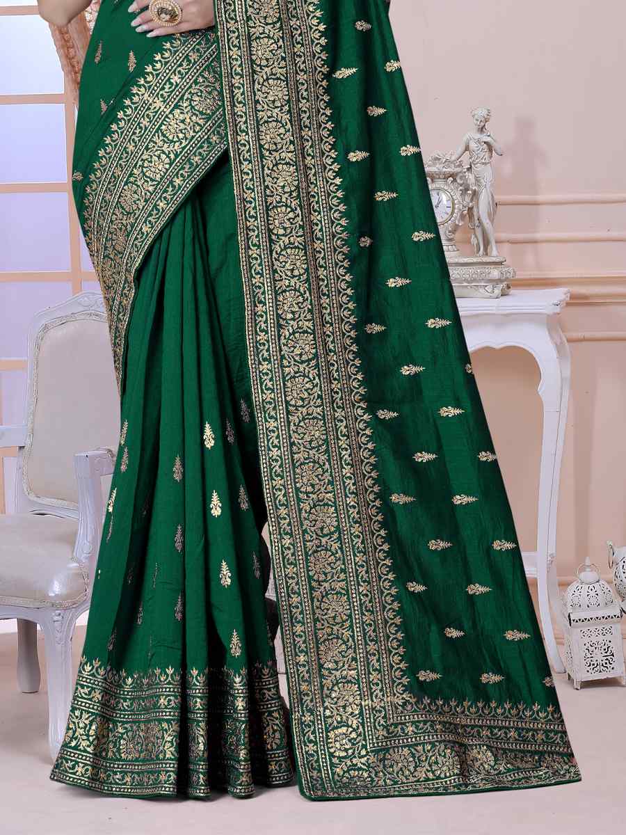 Bottle Green Vichitra Blooming Silk Embroidered Wedding Festival Heavy Border Saree