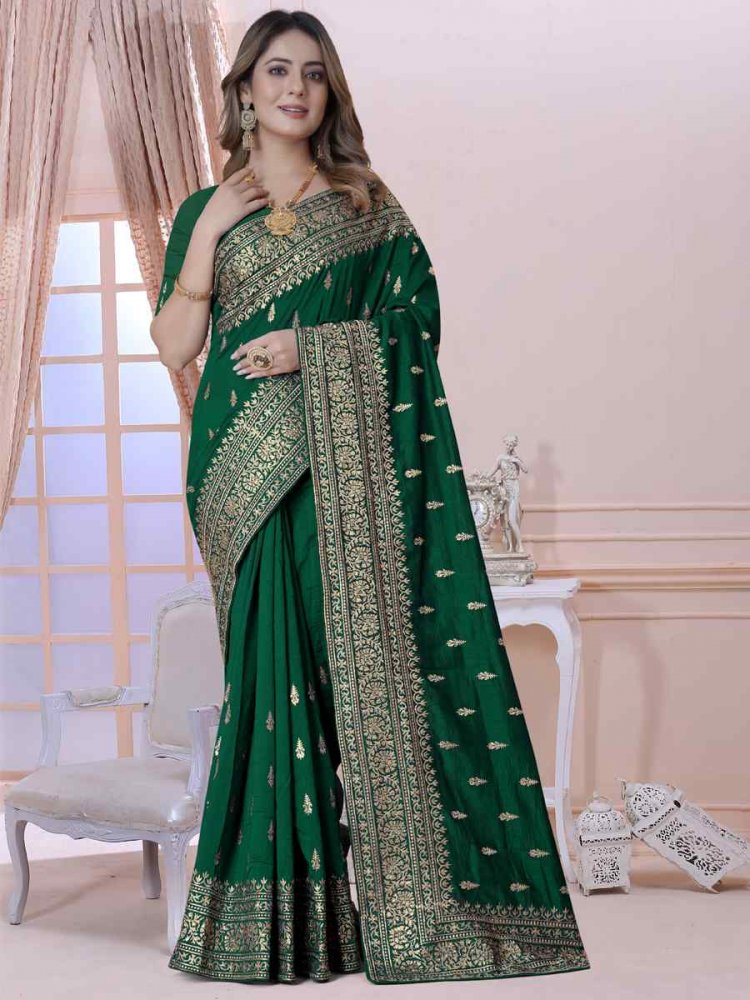 Bottle Green Vichitra Blooming Silk Embroidered Wedding Festival Heavy Border Saree