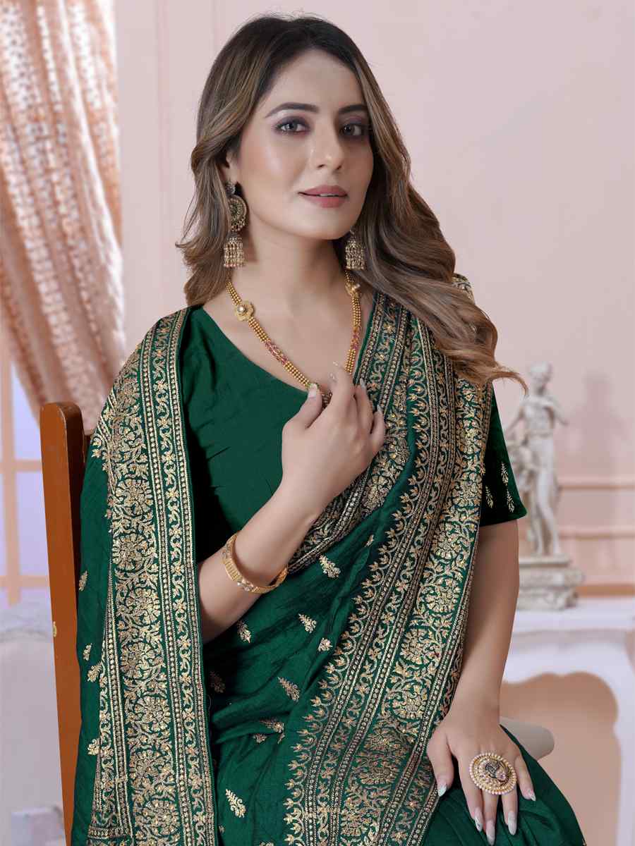 Bottle Green Vichitra Blooming Silk Embroidered Wedding Festival Heavy Border Saree