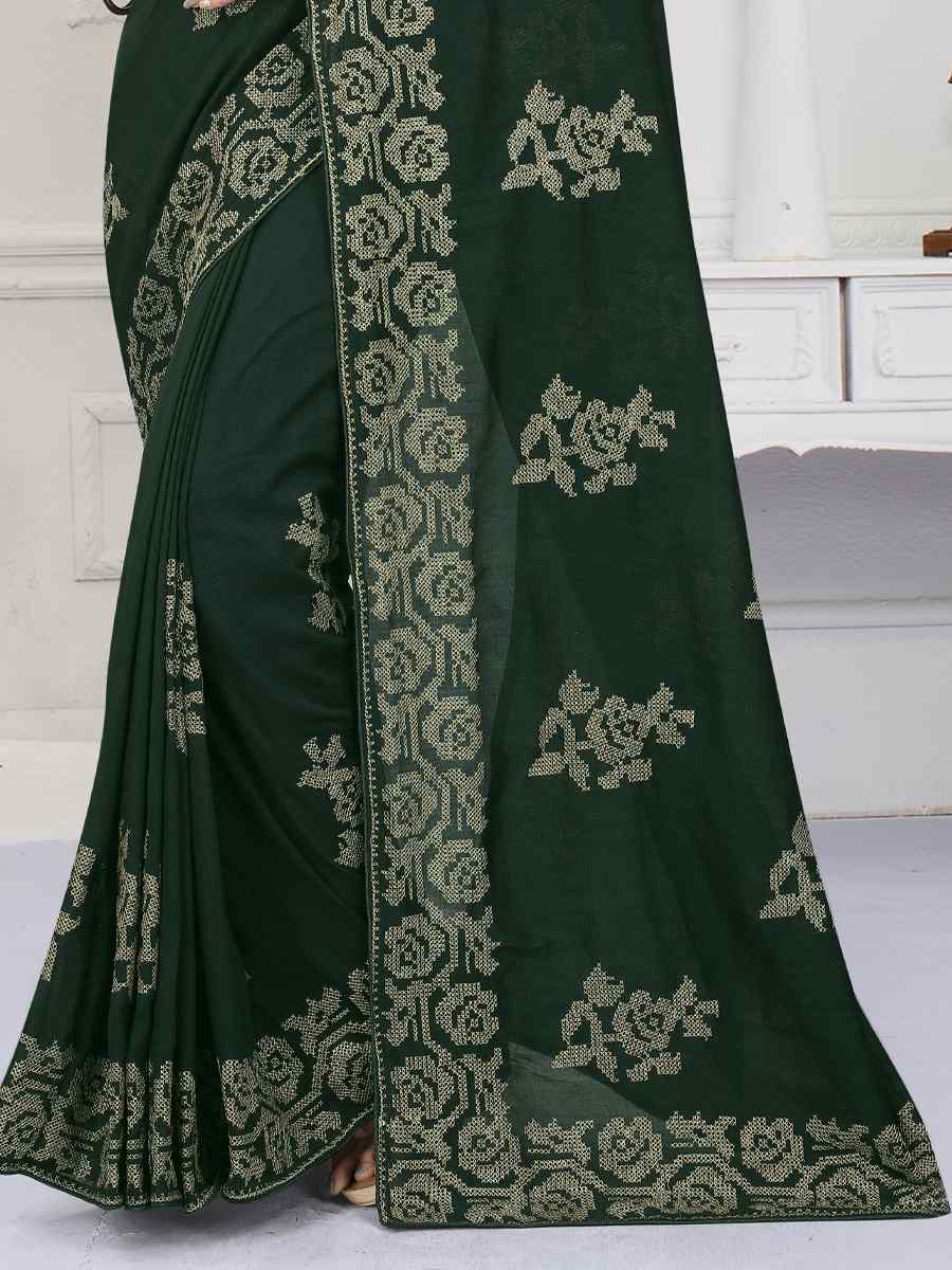 Bottle Green Vichitra Silk Embroidered Wedding Festival Heavy Border Saree